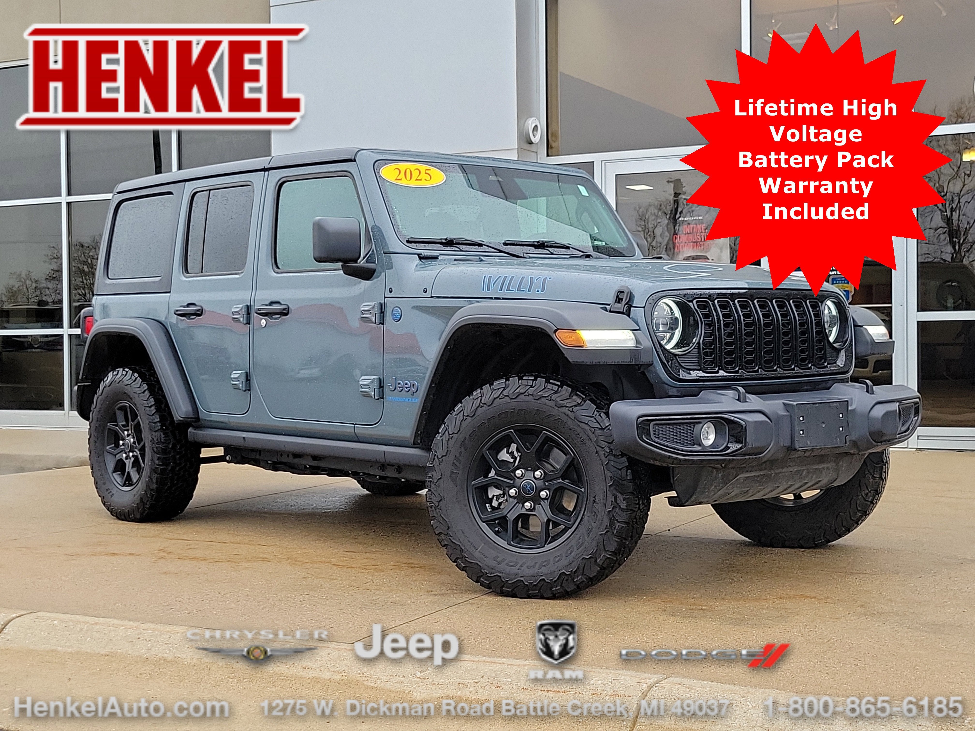 2025 Jeep Wrangler 4xe Willys 4xe in Anvil Clearcoat — front three-quarter view