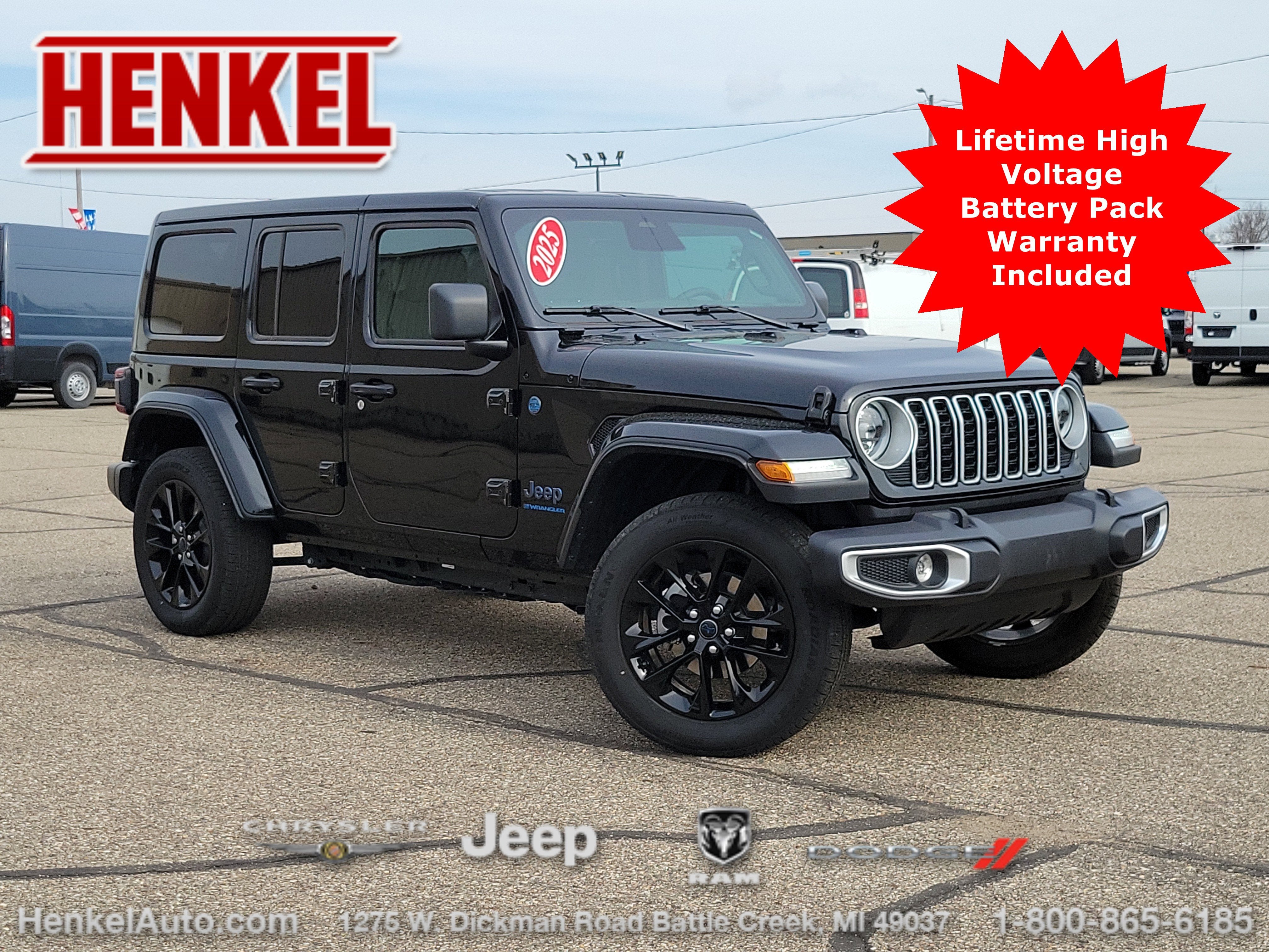 2025 Jeep Wrangler 4xe Sahara 4xe in Black Clearcoat — front three-quarter view