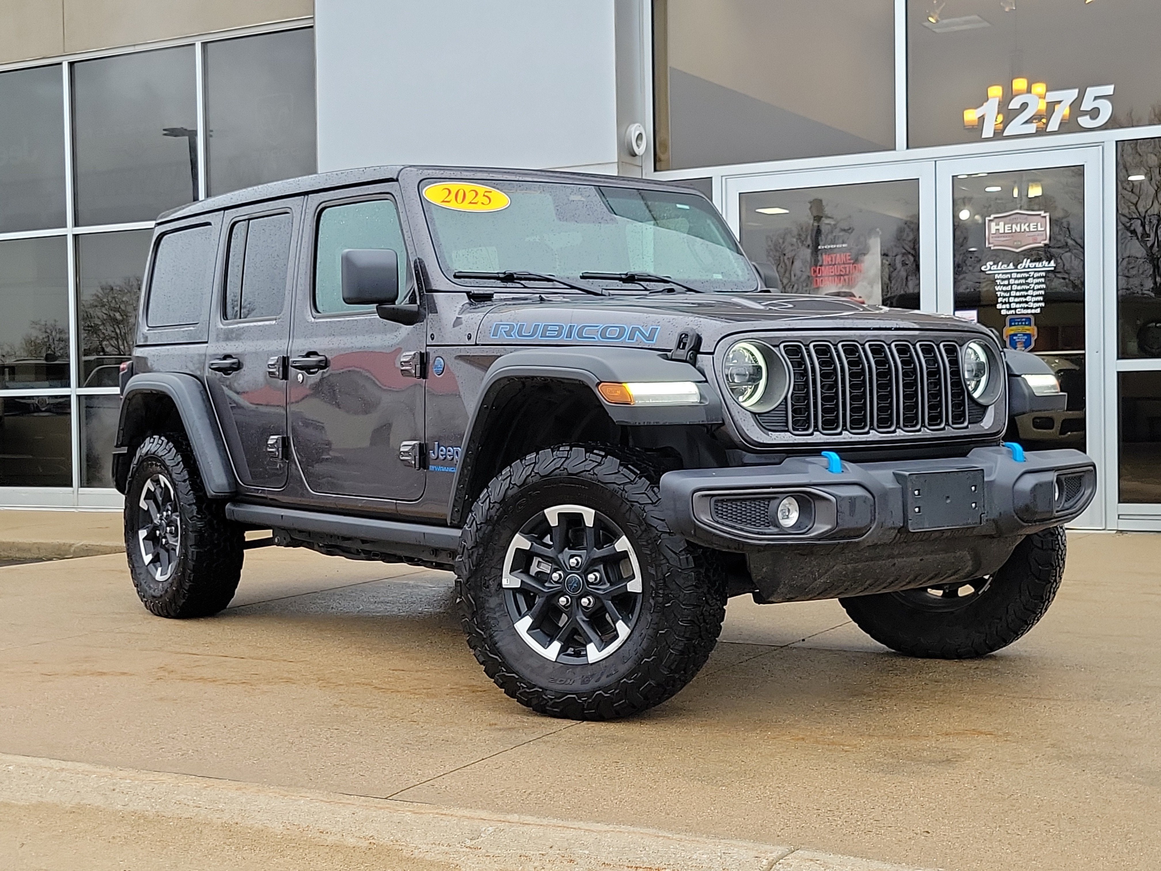 2025 Jeep Wrangler 4xe Rubicon 4xe in Granite Crystal Metallic Clearcoat — front three-quarter view