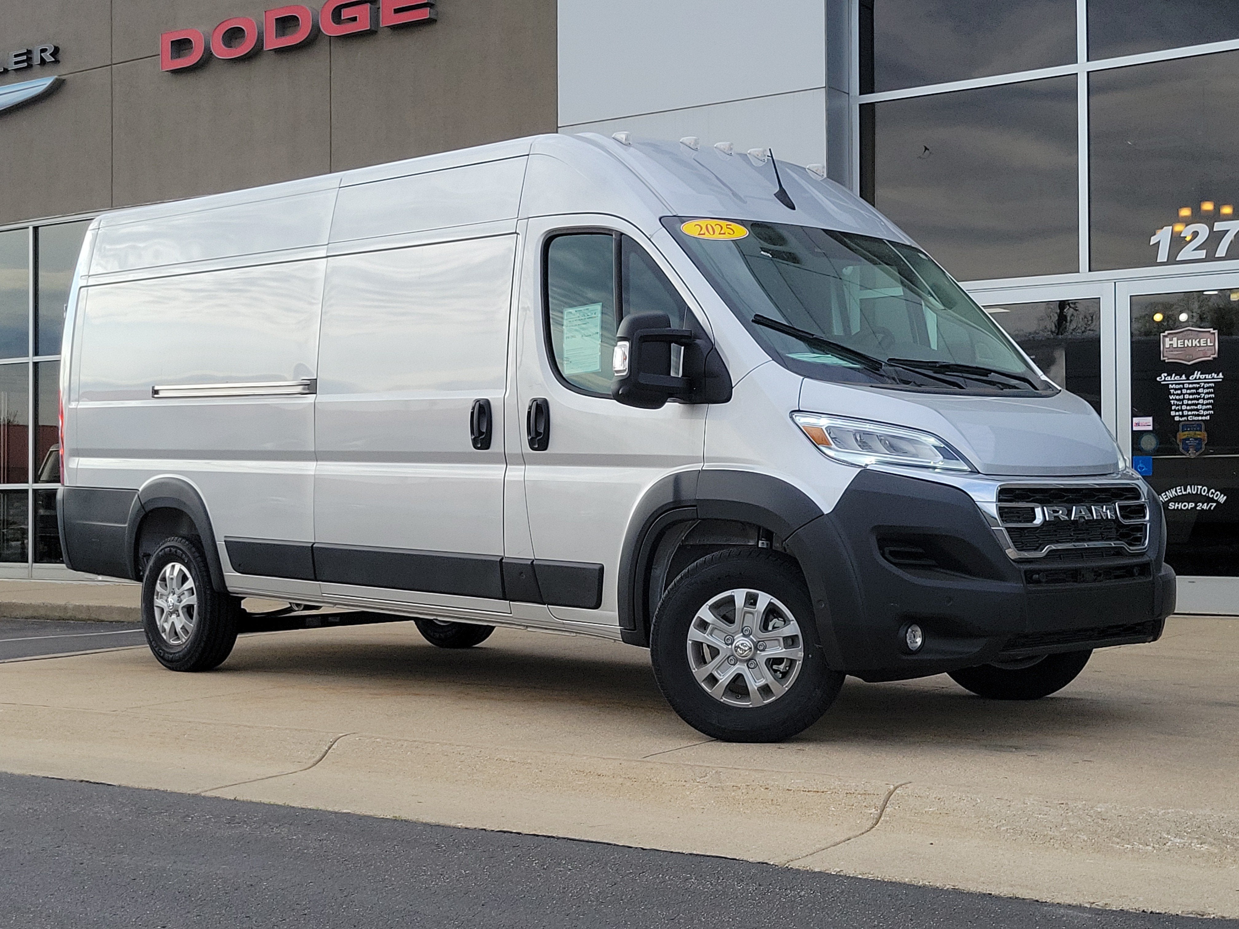 2025 RAM ProMaster 3500 Cargo Van SLT+ High Roof 159' WB EXT in Bright Silver Metallic Clearcoat — front three-quarter view